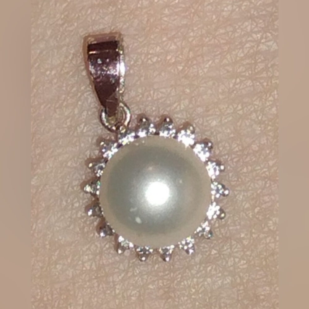 Sterling Silver and Freshwater Pearl and CZ Starburst Pendant